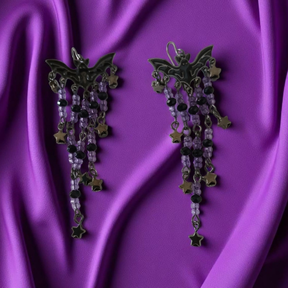 Gothic Bat Dangle Chandalier Style Earrings with Purple Beads